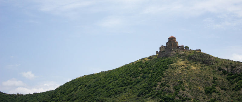 A castle on a green mountainside