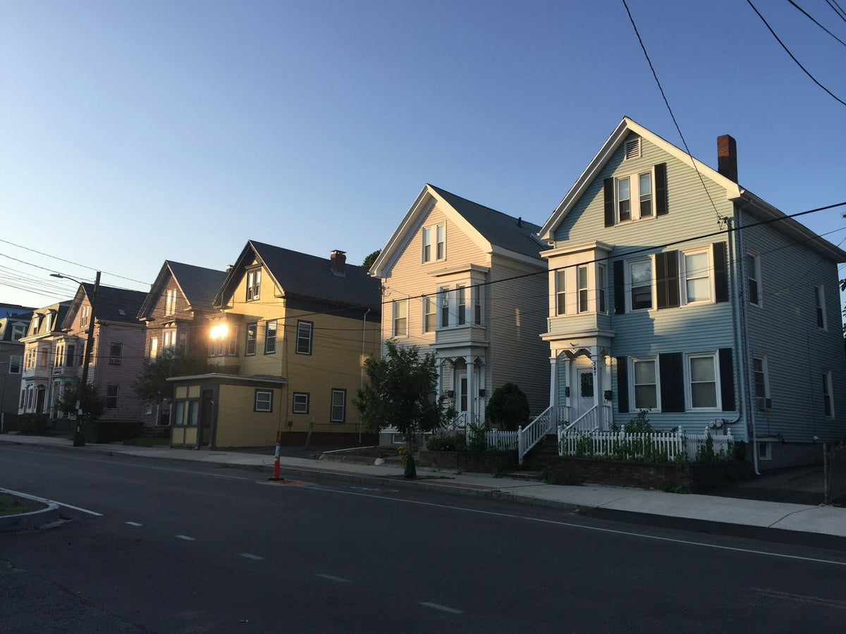 A suburban street at sunset